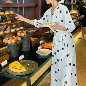 White Casual Women's Polka Dot Print V Neck Wrap Dress With Lantern Sleeve